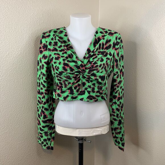 Vero Moda Long Sleeve Twist Crop Top Irish Green Anette Leopard Blouse Sz S - Picture 3 of 10